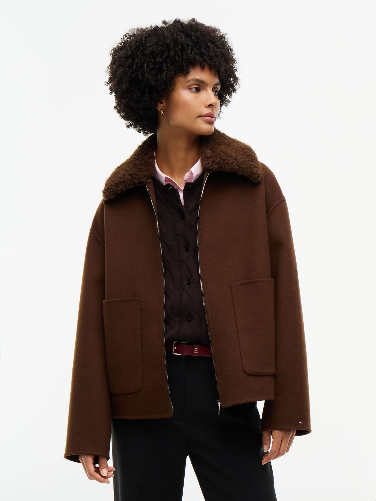 Double-Faced Wool Blend Relaxed Jacket — Brown