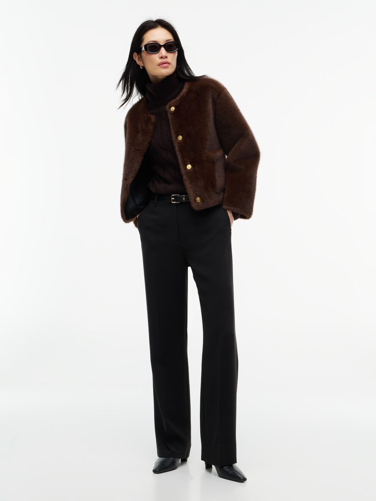 Collarless Faux Fur Jacket — Brown