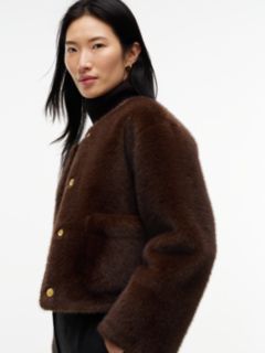 Collarless Faux Fur Jacket — Brown 3