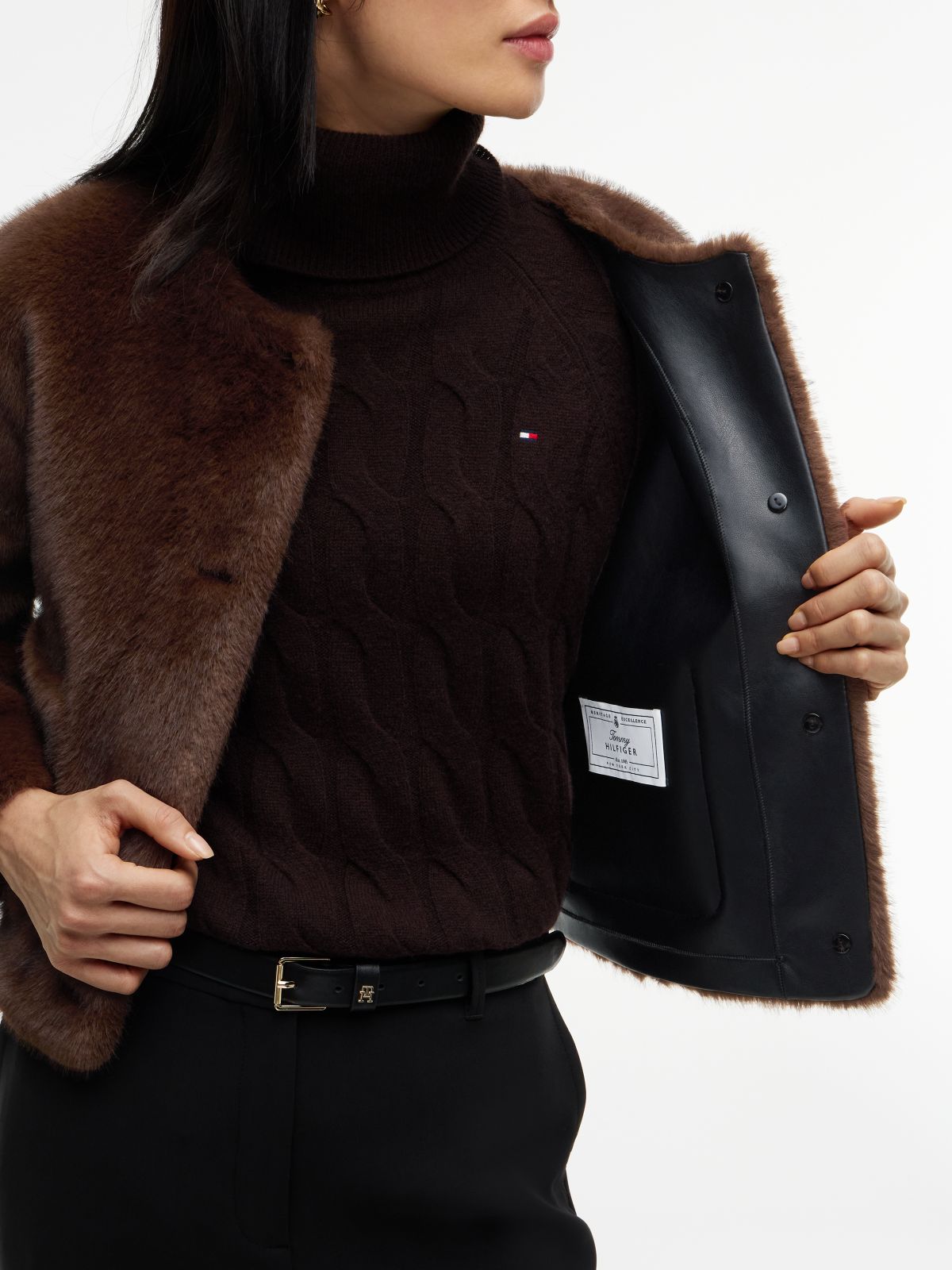 Collarless Faux Fur Jacket — Brown