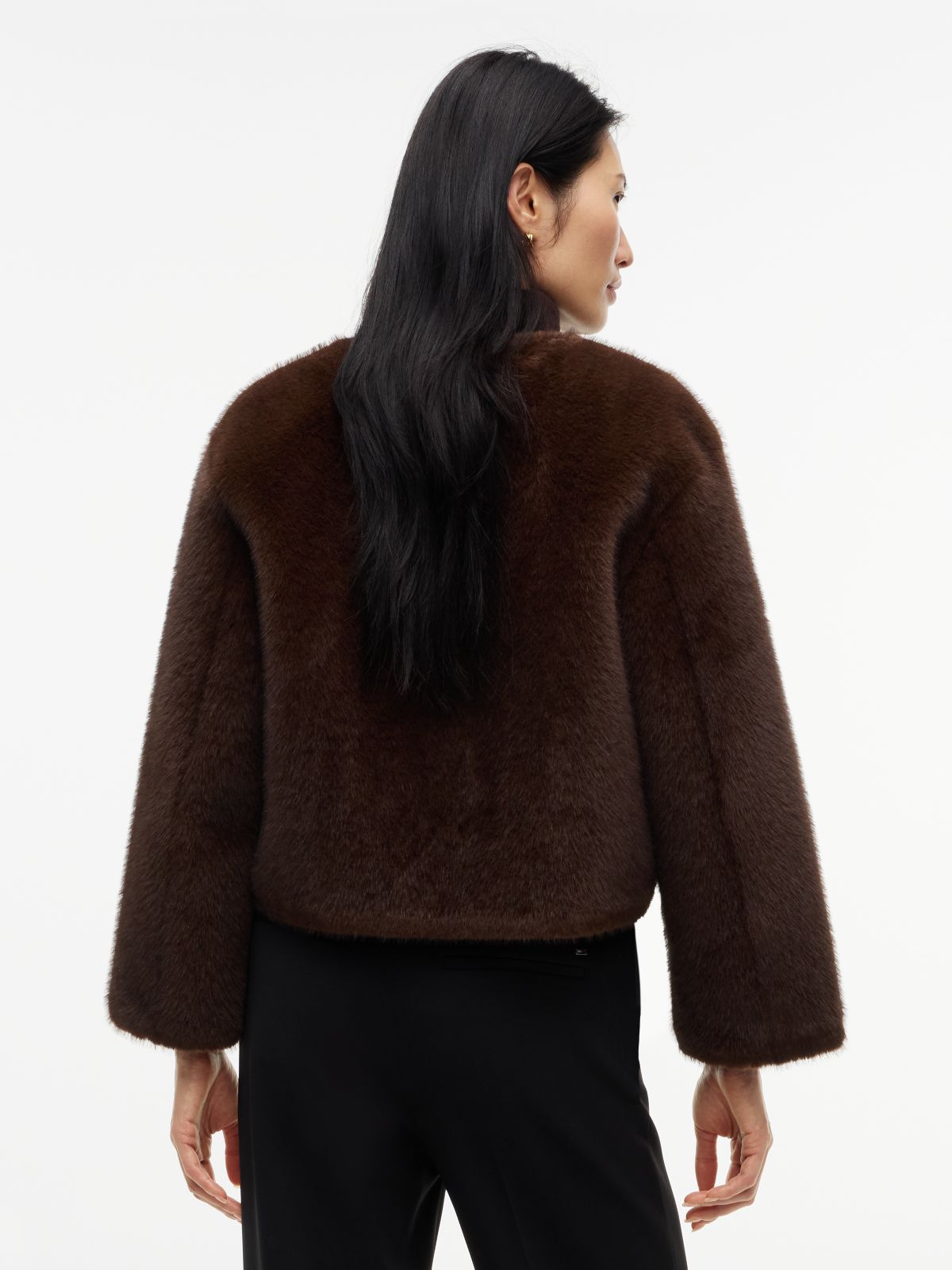 Collarless Faux Fur Jacket — Brown