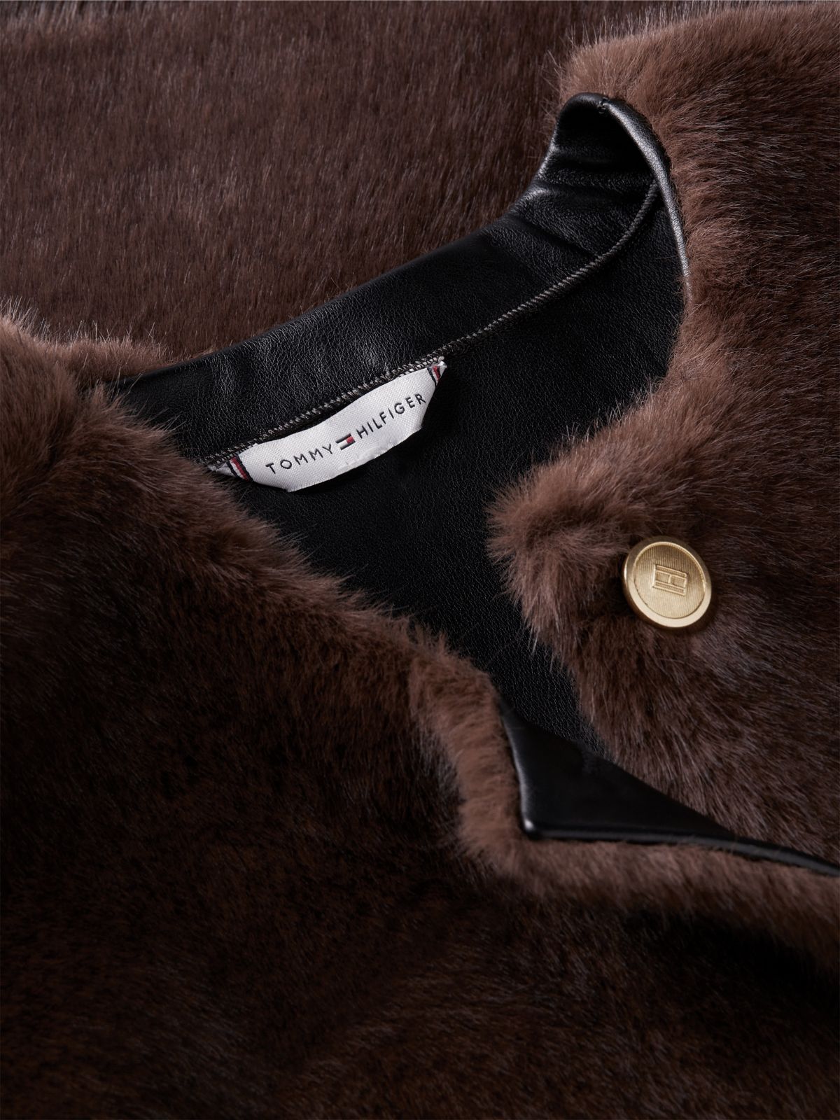 Collarless Faux Fur Jacket — Brown
