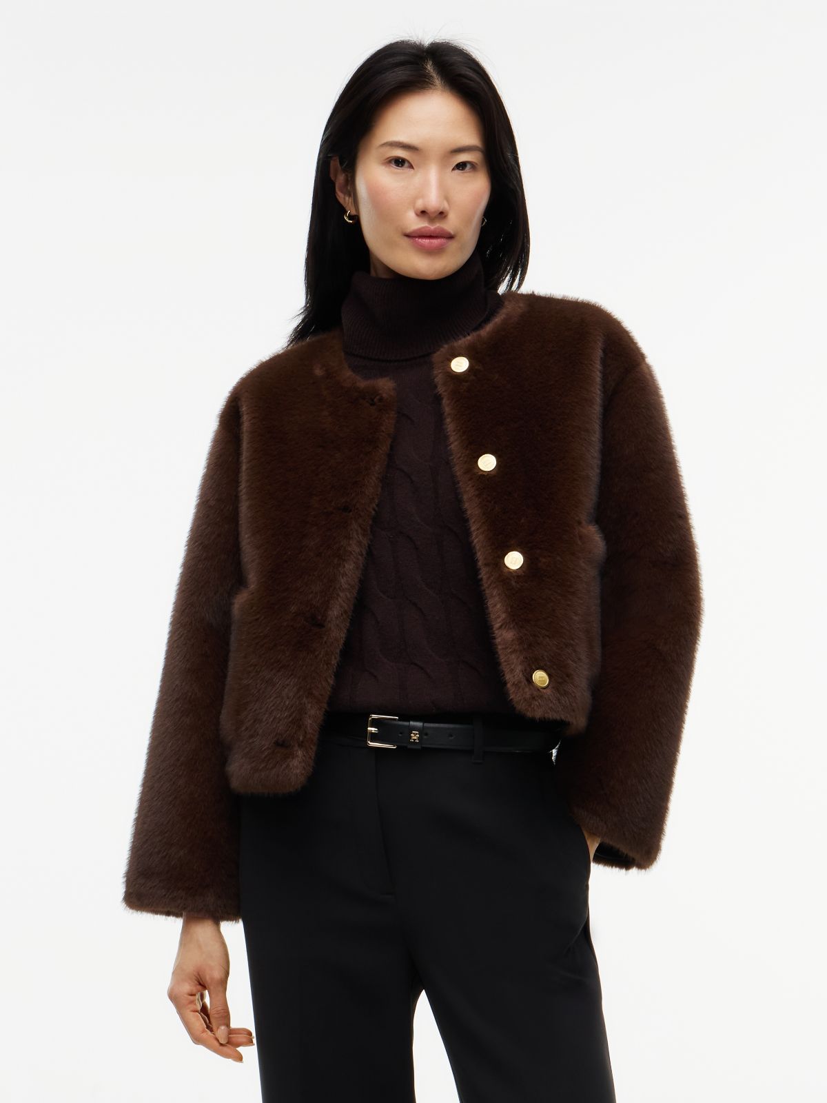 Collarless Faux Fur Jacket — Brown