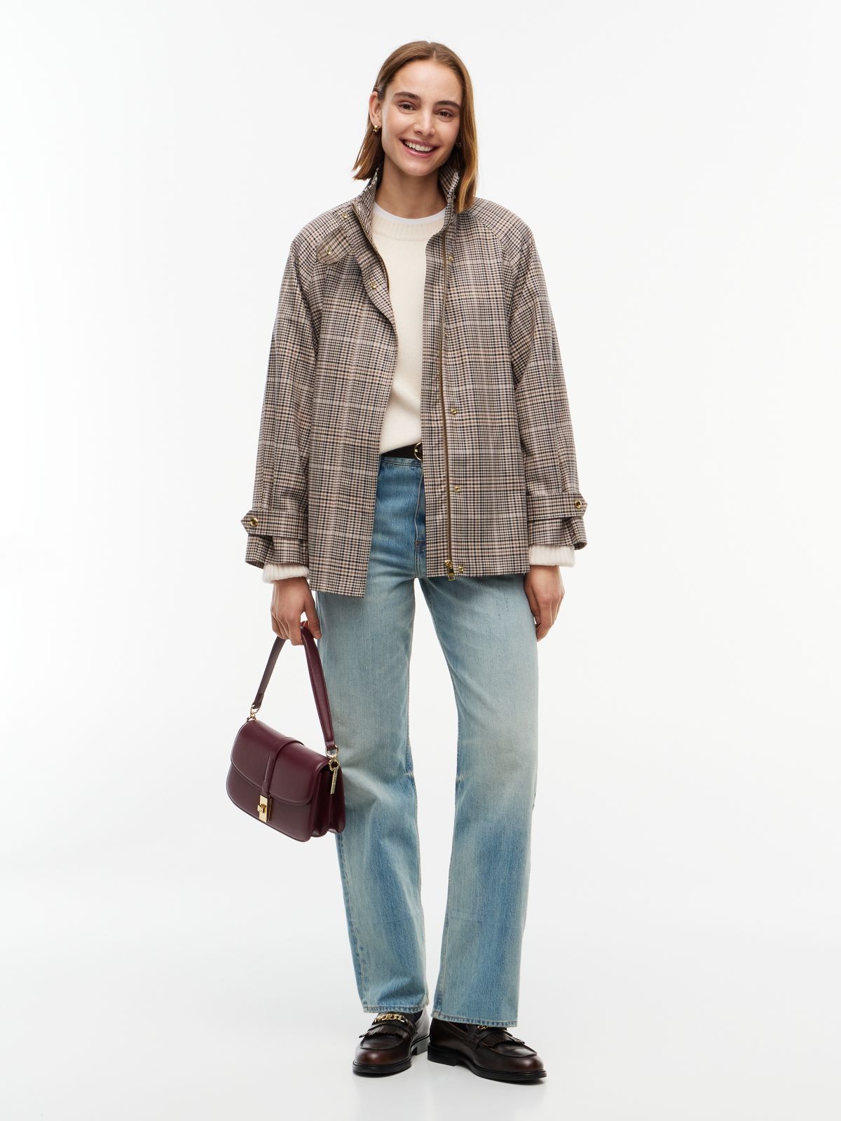 Check Raglan Sleeve Relaxed Cape Coat — Brown