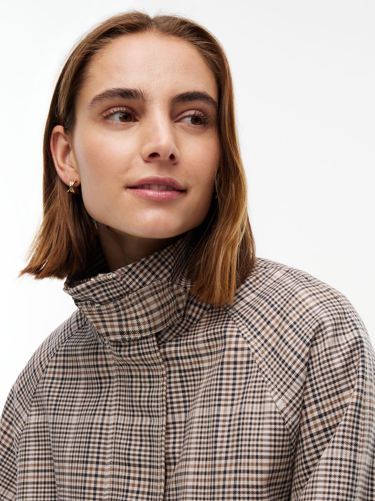 Check Raglan Sleeve Relaxed Cape Coat — Brown