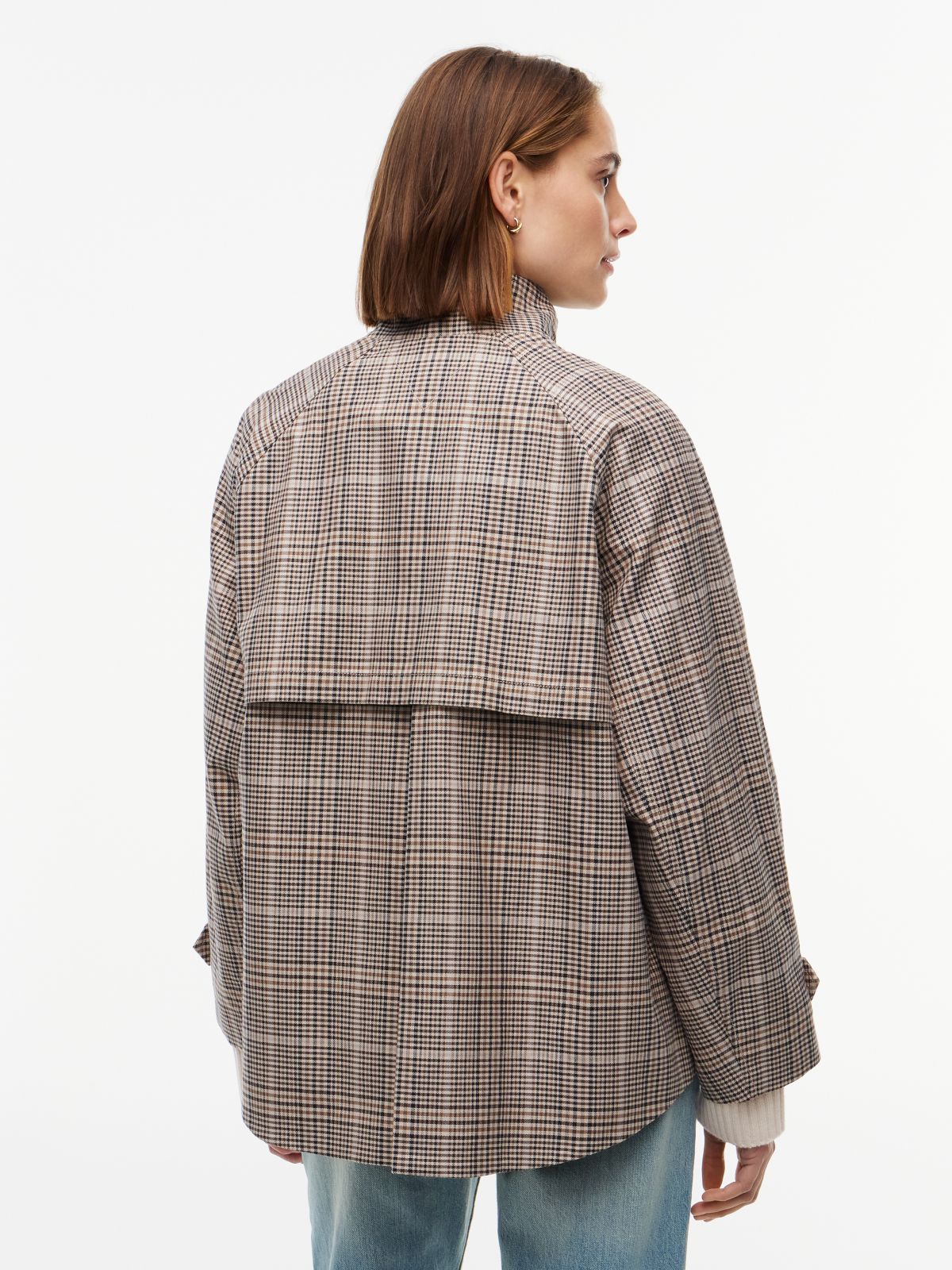 Check Raglan Sleeve Relaxed Cape Coat — Brown
