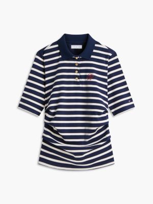 blauw slim fit gerimpelde polo met goudkleurige knopen voor dames - tommy hilfiger