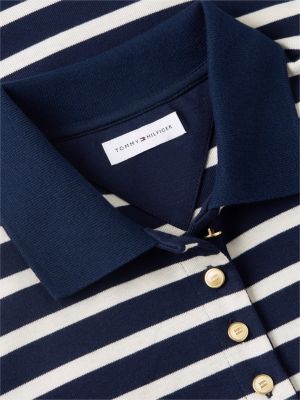 blauw slim fit gerimpelde polo met goudkleurige knopen voor dames - tommy hilfiger