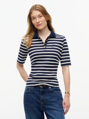 blue slim fit poloshirt mit goldfarbenen knöpfen für damen - tommy hilfiger