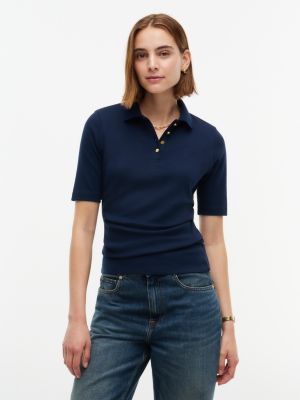 blue slim fit gold-tone button gathered polo shirt for women tommy hilfiger