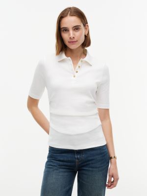 white slim fit gold-tone button gathered polo shirt for women tommy hilfiger