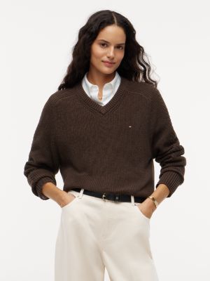 brown cardigan stitch relaxed v-neck jumper for women tommy hilfiger
