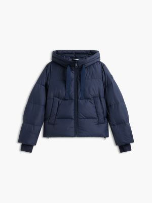 blue drawstring hooded down jacket for women tommy hilfiger