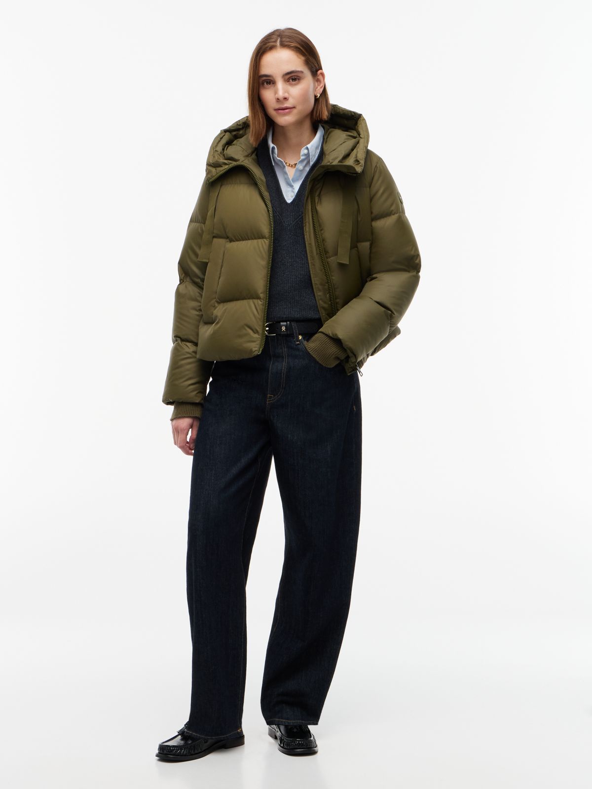 Drawstring Hooded Down Jacket — Green