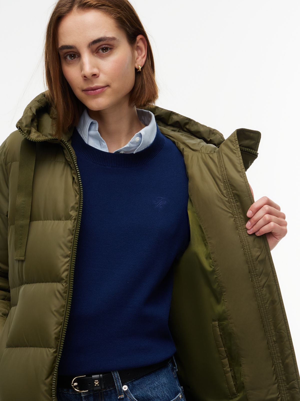 Down Drawstring Hooded Coat — Green