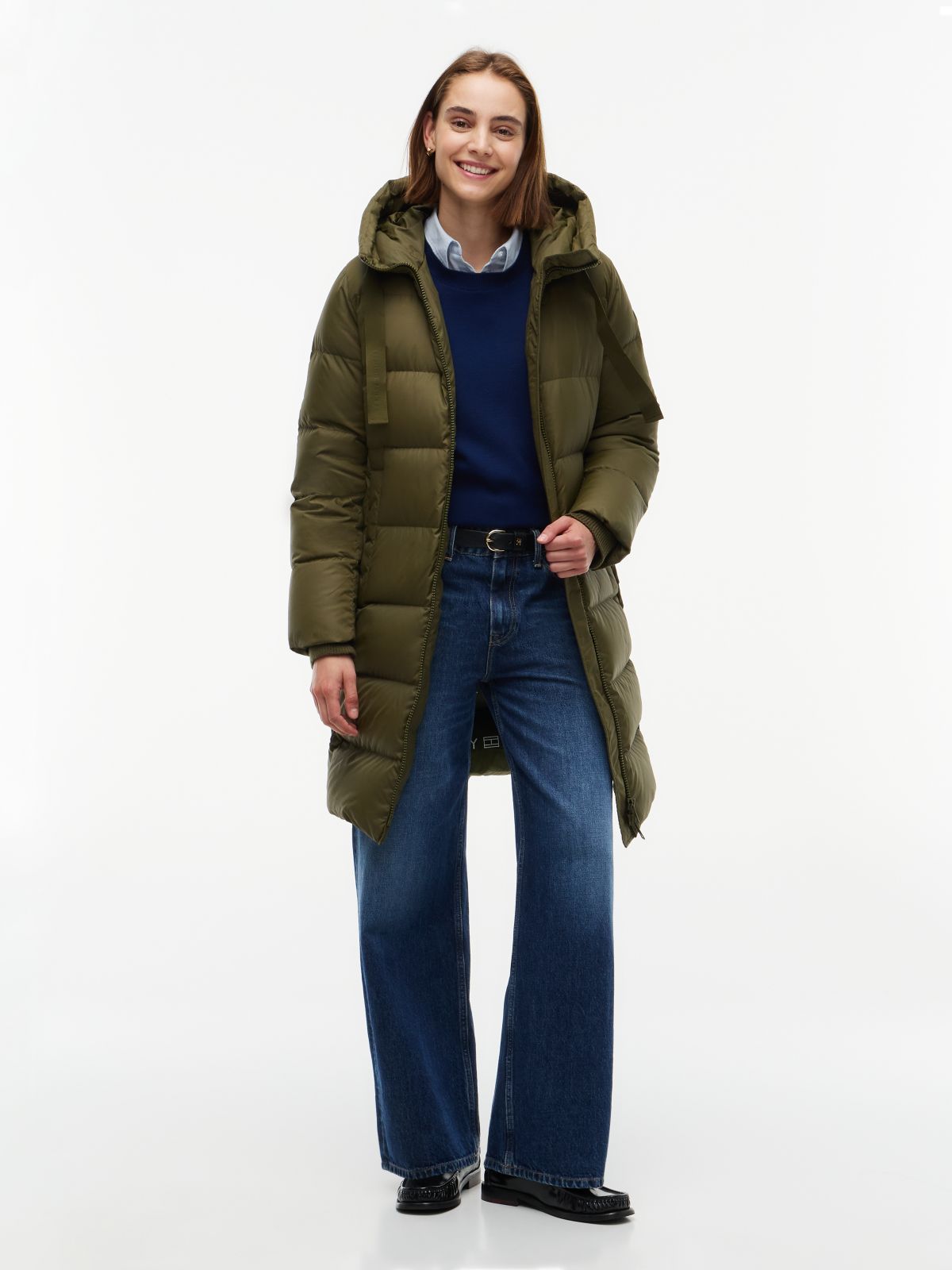 Down Drawstring Hooded Coat — Green
