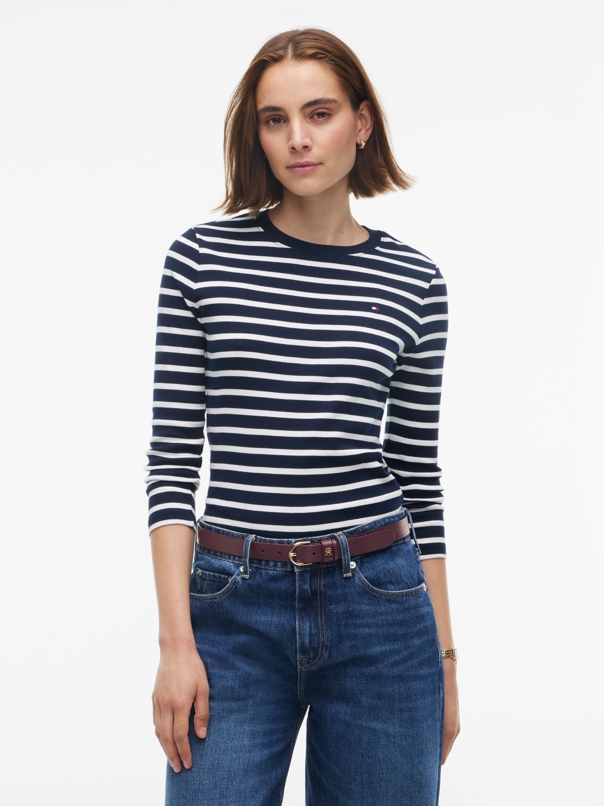 Flag Embroidery Slim Long Sleeve T-Shirt — Blue