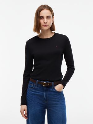 t-shirt slim à manches longues et drapeau black pour femmes tommy hilfiger