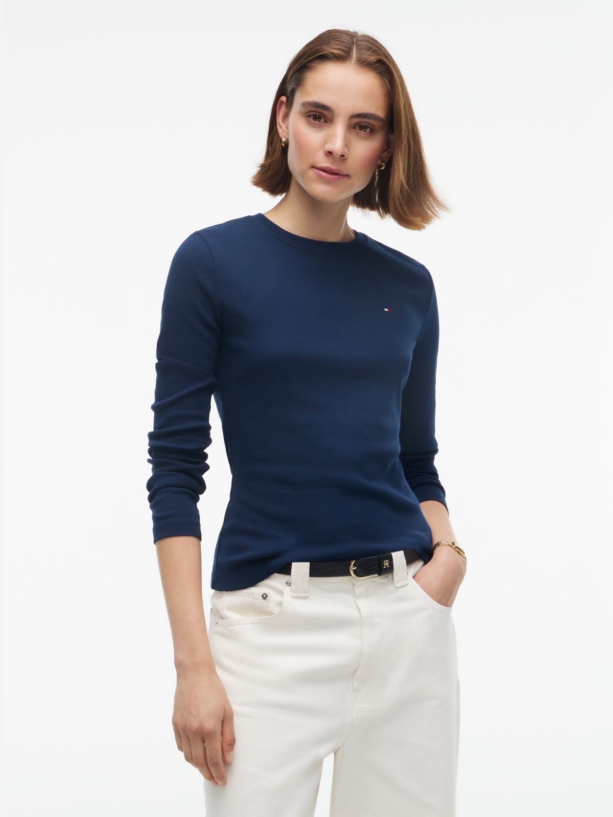 Flag Embroidery Slim Long Sleeve T-Shirt — Blue