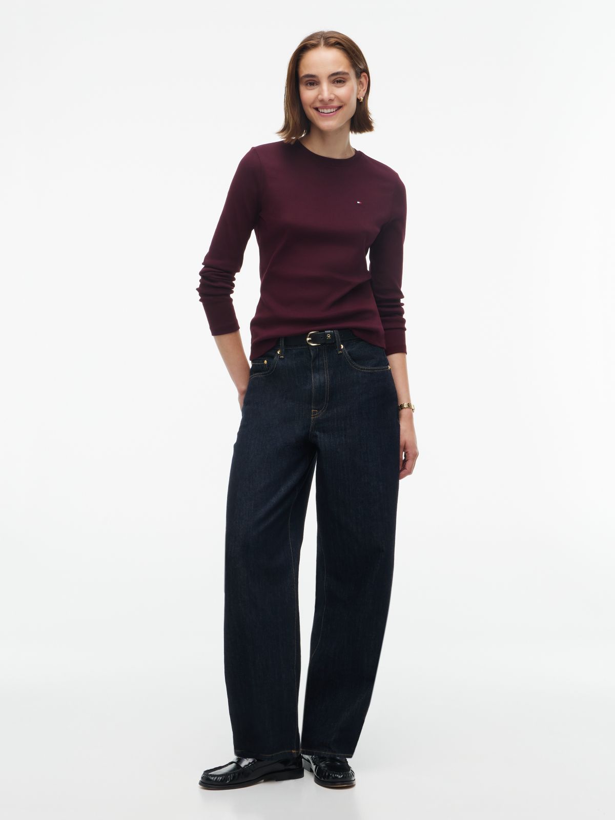 Flag Embroidery Slim Long Sleeve T-Shirt — Red