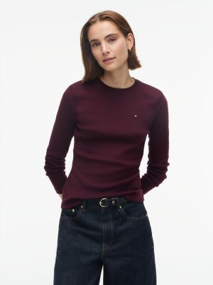 red slim crew neck long sleeve t-shirt for women tommy hilfiger