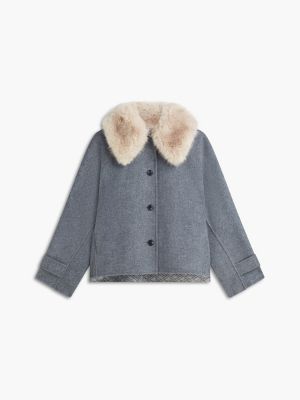 grau wollmix-jacke mit kunstpelz-kragen für damen - tommy hilfiger