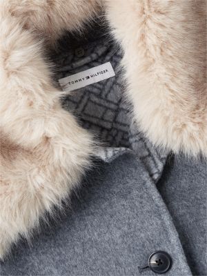 grau wollmix-jacke mit kunstpelz-kragen für damen - tommy hilfiger